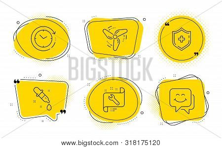 Time Change, Wind Energy And Smile Face Signs. Chat Bubbles. Chemistry Pipette, Spanner And Medical 