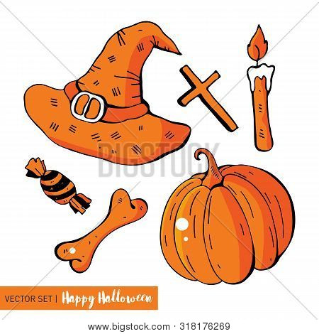 Set In Vector For A Fun Halloween. Cartoon Monsters In Flat Style. Hand Drawing In Orange, Red, Blac