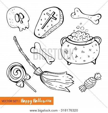 Set In Vector For A Fun Halloween. Cartoon Monsters In Flat Style. Hand Drawn Black Line On White Ba