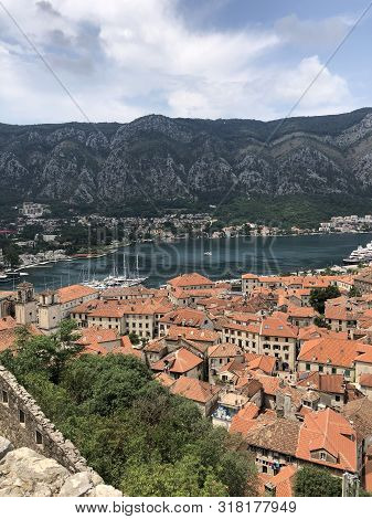View Of Boats And Yachts At The Pier In The Bay Of Kotor, Montenegro