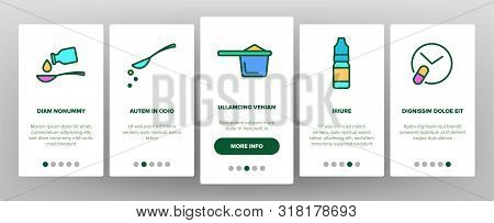 Color Dosage, Dosing Drugs Vector Onboarding Mobile App Page Screen. Pharmacological Medications Dos