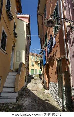 Colorful Buildings Of Castelnuovo Magra, La Spezia, Liguria, Italy,  Historic Town In Lunigiana