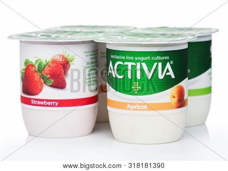 London, Uk - August 18, 2019: Pack Of Activia Exclusive Live Yogurt Cultures With Apricot And Strawb