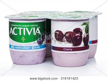 London, Uk - August 18, 2019: Pack Of Activia Exclusive Live Yogurt Cultures With Cherry And Blueber
