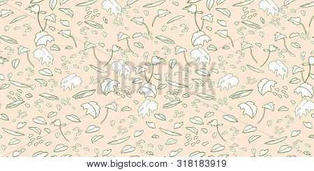 Modern Exotic Jungle Leaf Pattern. Scattered Botanical Leaf, Line Art Doodle Style, In Pastel Green 
