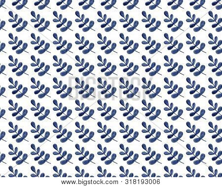 Seamless Pattern. Blue Leaves On White Watercolor Background. Forest, Natural Hand-drawn Background 