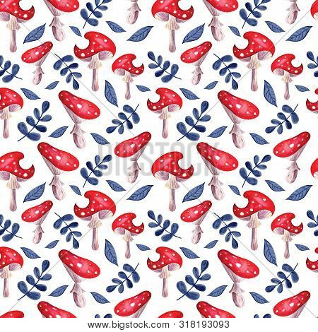 Watercolor Seamless Background. Red, Bright Fly Agarics In Leaves On A White Watercolor Background. 