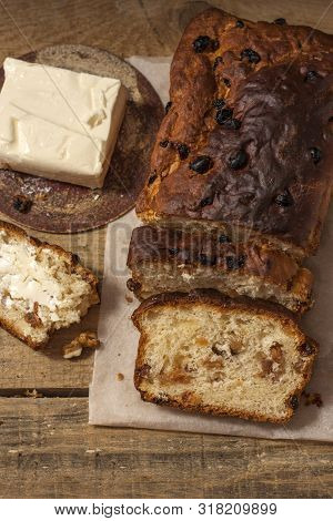 Barmbrack Or Bairin Breac Is A Traditional Irish Sweet Yeast Bread With Grapes And Raisins, Often Ea