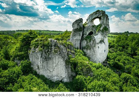 A Panoramic View Of The Unique Okiennik Rock In Poland With A Large Natural Window