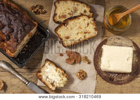Barmbrack Or Bairin Breac Is A Traditional Irish Sweet Yeast Bread With Grapes And Raisins, Often Ea
