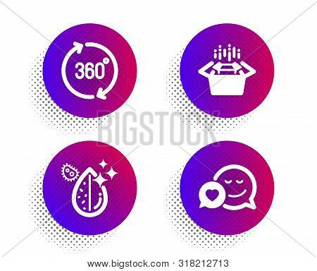Packing Boxes, 360 Degrees And Dirty Water Icons Simple Set. Halftone Dots Button. Dating Sign. Deli