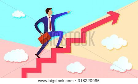 Pastel Minimal Colored Businessman Stands On Growing Up Steps Arrow And Points Forward In Direction 