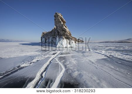 Crack In Ice Near Ogoi Island. Winter Lake Baikal Landscape