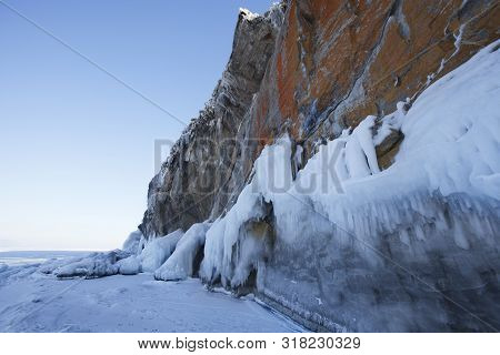 Large Icicles. Winter Frozen Nature