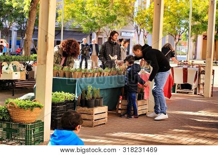 Elche, Alicante, Spain- December 1, 2018: People Buying In The Local Ecological Market In The Main S