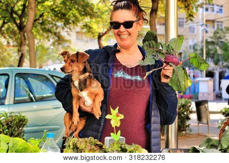 Elche, Alicante, Spain- December 1, 2018: People Buying In The Local Ecological Market In The Main S