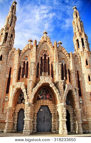 Novelda, Alicante, Spain- November 28, 2018: Details, Archs, Tower And Tiles Of Sanctuary Of Santa M