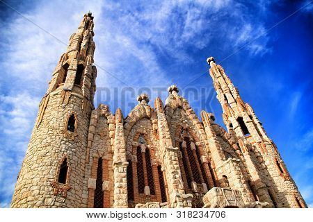 Novelda, Alicante, Spain- November 28, 2018: Details, Archs, Tower And Tiles Of Sanctuary Of Santa M