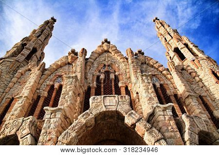 Novelda, Alicante, Spain- November 28, 2018: Details, Archs, Tower And Tiles Of Sanctuary Of Santa M