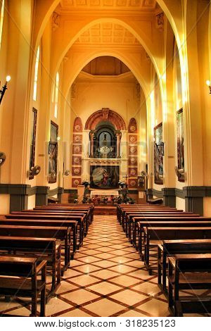 Novelda, Alicante, Spain- November 28, 2018: Details, Archs, Tower And Tiles Of Sanctuary Of Santa M