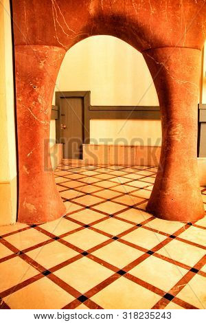 Novelda, Alicante, Spain- November 28, 2018: Details, Archs, Tower And Tiles Of Sanctuary Of Santa M