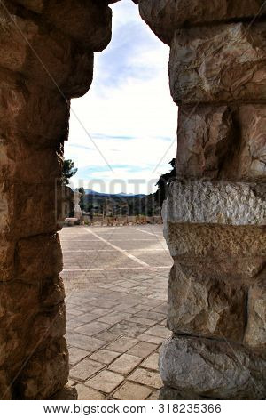 Novelda, Alicante, Spain- November 28, 2018: Details, Archs, Tower And Tiles Of Sanctuary Of Santa M