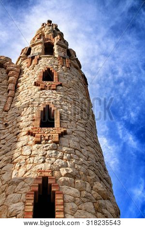 Novelda, Alicante, Spain- November 28, 2018: Details, Archs, Tower And Tiles Of Sanctuary Of Santa M