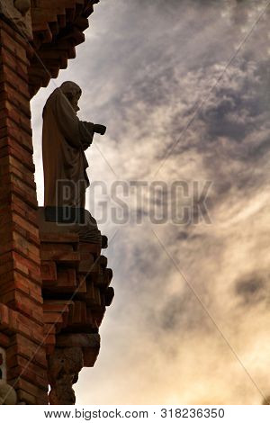 Novelda, Alicante, Spain- November 28, 2018: Details, Archs, Tower And Tiles Of Sanctuary Of Santa M