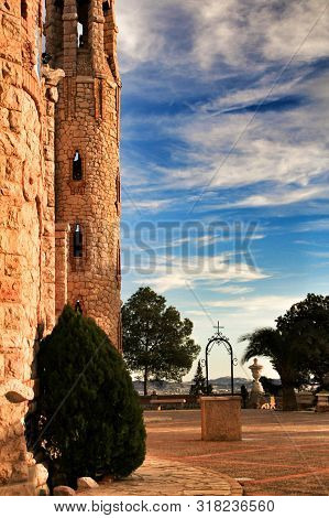 Novelda, Alicante, Spain- November 28, 2018: Details, Archs, Tower And Tiles Of Sanctuary Of Santa M