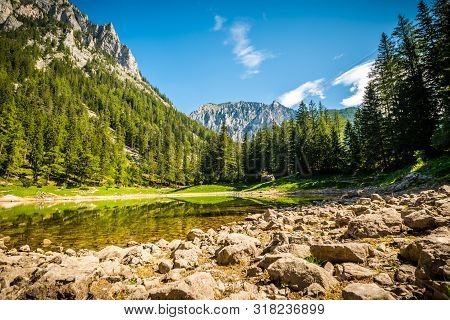 Lake In Alp Destination In Styria, Austria Between Mountains And Forests. Green Lake ( Gruner See ).