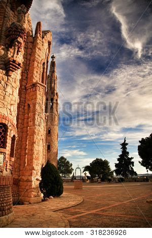 Novelda, Alicante, Spain- November 28, 2018: Details, Archs, Tower And Tiles Of Sanctuary Of Santa M