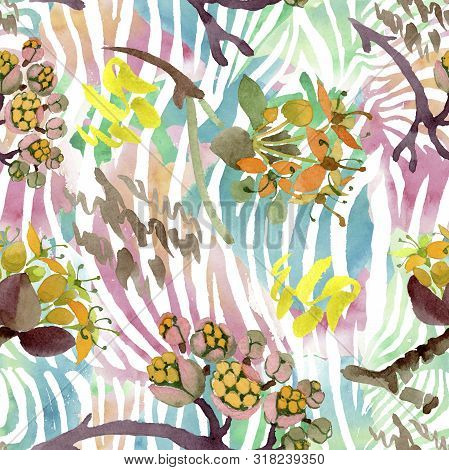 Cornus Mas Floral Botanical Flowers. Watercolor Background Illustration Set. Seamless Background Pat