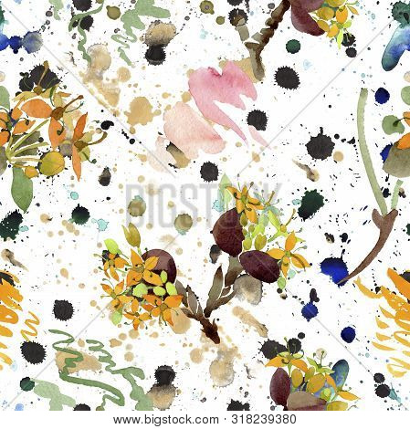 Cornus Mas Floral Botanical Flowers. Watercolor Background Illustration Set. Seamless Background Pat