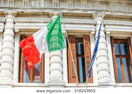 Flag Of Italy And European Union At Government Building Diplomatic