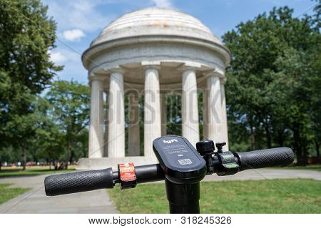 Washington, Dc - August 4, 2019: A Dockless Lyft Shareable Electric Scooter Is Parked Illegaly On Th