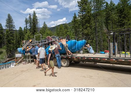 Lowman, Idaho - July 1, 2019: Whitewater Rafting Groups Prepare To Launch A Raft For A River Rafting