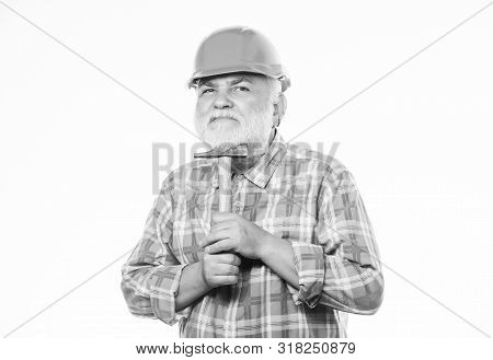 Repairing Or Renovating. Home Improvement Repair. Man Bearded Laborer Wear Helmet Hold Hammer. Repai