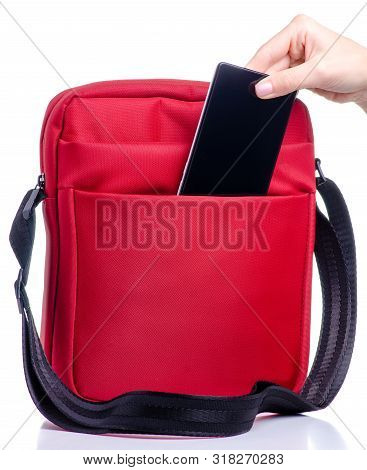 Smartphone Put Into Red Messenger Bag On White Background Isolation