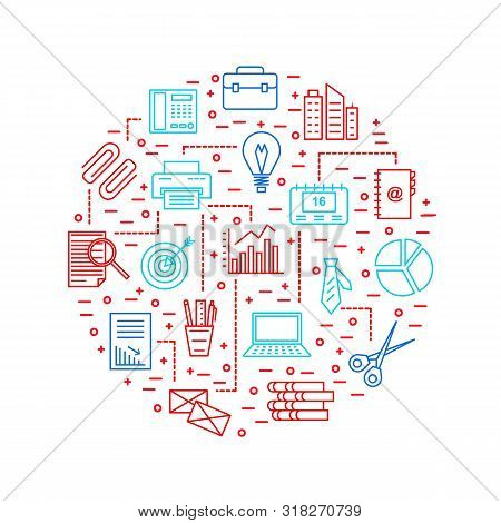Office Signs Thin Line Round Design Template Include Of Clock, Businessman, Coffee, Printer, Lamp An