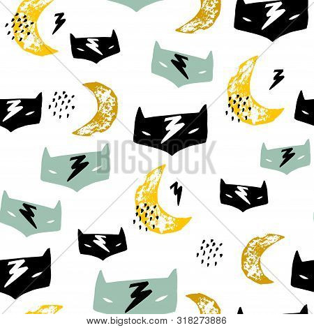 Seamless Childish Pattern With Hero Mask, Flas, Cloud. Creative Kids Texture For Fabric, Wrapping, T