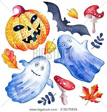 Set Of Happy Halloween Watercolor On White Background. Isolated Hand Drawn Funny And Cute Characters