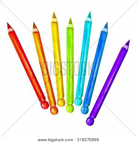 Set Of Colored Pencils. Watercolor Pencils On The White Background, Aquarelle. School, Drawing And E