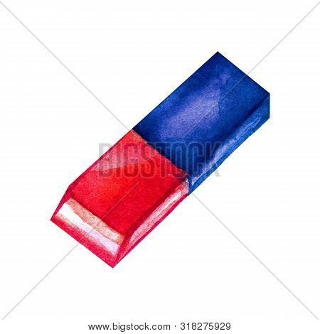 Red And Blue Pen Ink Eraser In Watercolor. Isolated Object On White Background. School Stationery.