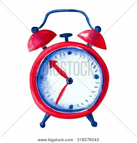 Beautiful Red Alarm Clock In Watercolor. Isolated Object On White Background. Hand-drawn Illustratio