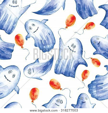 Seamless Pattern Of Funny Ghosts With Orange Balloons For Halloween On White Watercolor Background. 