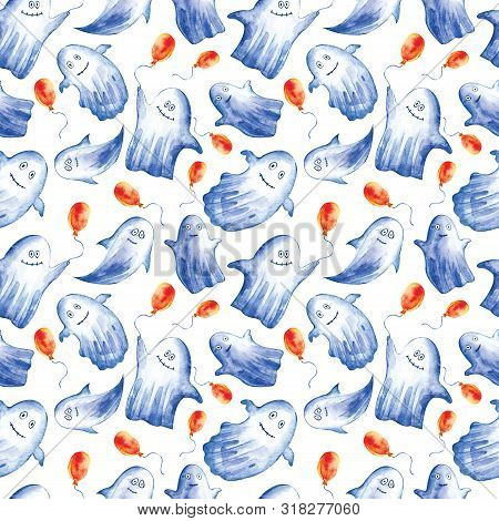Seamless Pattern Of Funny Ghosts With Orange Balloons For Halloween On White Watercolor Background. 
