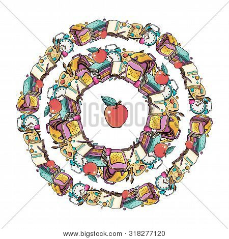 Round Frame Back To School. Vector Colorful Illustration In Cute Style. Hand Drawn Doodle Cartoon Se