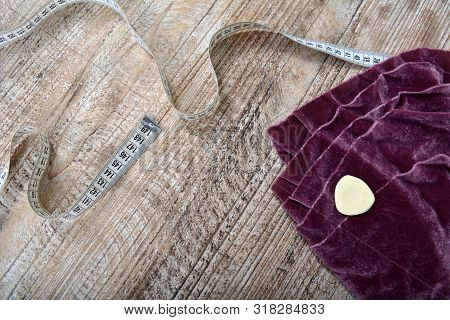 Sewing Tools And Sewing Supplies Accessories Sewing On Wooden Table.