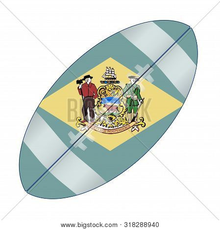 A Typical American Type Foorball Over A White Background With The Flag Of Delaware