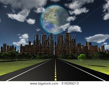 Night roadway to future city. Terraformed moon in the sky. 3D rendering